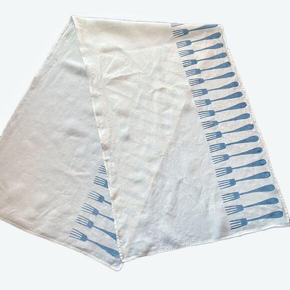 Bertozzi Stampa A Mano Linen Table Runner Chambray Fork Hand Printed In Italy - Picture 1 of 7